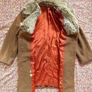 Brown Coat with Faux Fur Collar and Orange Lining